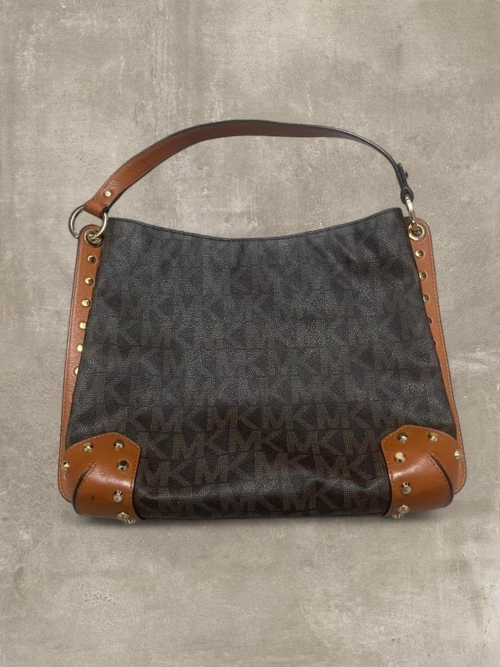 Michael Kors Signature Brown Studded Shoulder Bag Hobo Purse